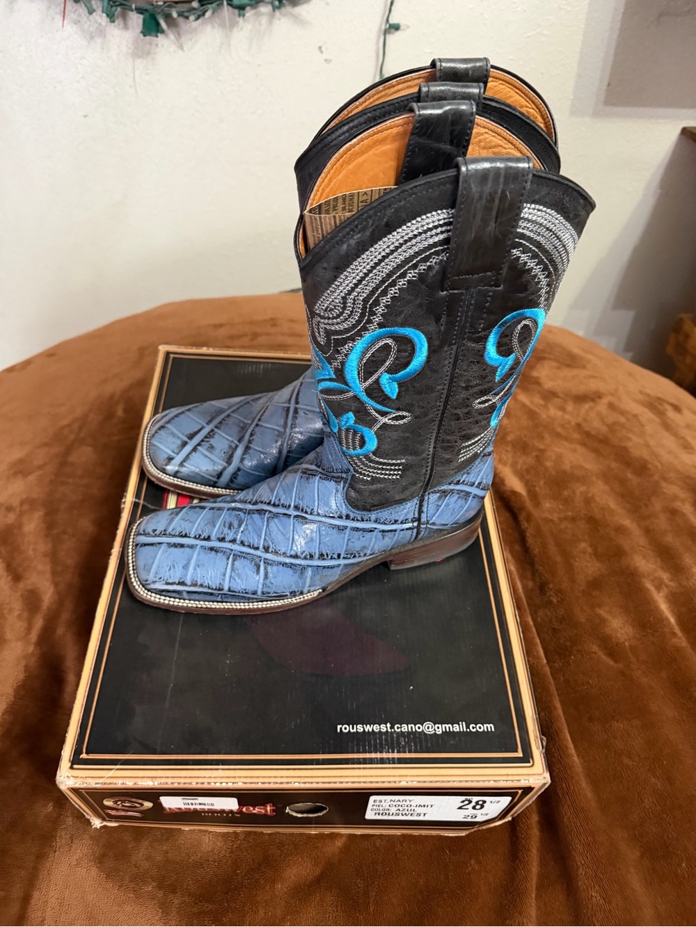 Men's Blue and Black Rouswest Western Cowboy Boots with Turquoise Stitching